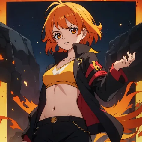 solo, 1girl, (masterpiece), ((16 year old appearance)), fire hair, Medium hair, ahoje, spiky hair, small breasts, yellow eyes, red croped, Black pants, black jacket, Fireball, Looking at the screen,