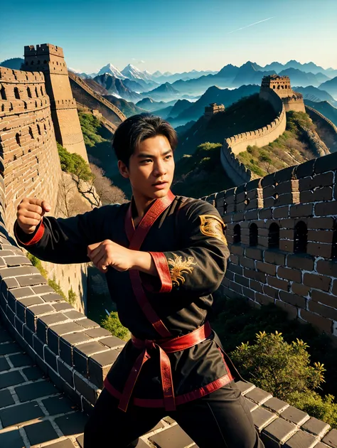 1 boy，great wall，martial arts，在一座古老的great wall城上的壁画训练，heroic and heroic，fists clenched，when preparing to attack，his clothes are ...