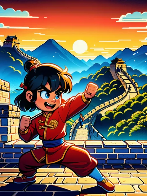 1 boy，Great Wall，martial arts，在一座古老的Great Wall城上的壁画训练，Heroic and heroic，Fists clenched，When preparing to attack，His clothes are full of energy，Decorated with dragon patterns，Symbolizes strength and wisdom。Extraordinarily accurate depiction of the ancient c...