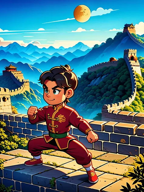 1 boy,Great Wall,martial arts,在一座古老的Great Wall城上的壁画训练,Heroic and heroic,Fists clenched,When preparing to attack,His clothes are full of energy,Decorated with dragon patterns,Symbolizes strength and wisdom。Extraordinarily accurate depiction of the ancient c...