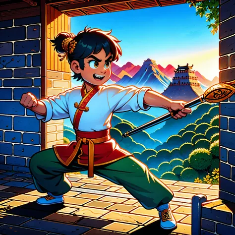 1 boy，Great Wall，martial arts，在一座古老的Great Wall城上的壁画训练，The background is the sunset，Heroic and heroic，Fists clenched，When preparing to attack，His clothes are full of energy，Decorated with dragon patterns，Symbolizes strength and wisdom。Extraordinarily accura...