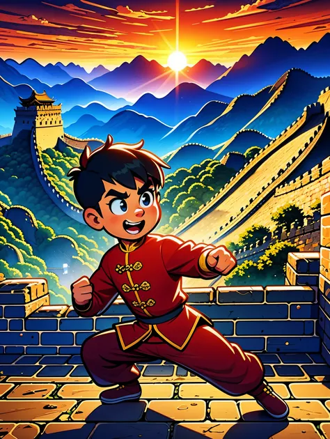 1 boy,Great Wall,martial arts,在一座古老的Great Wall城上的壁画训练,The background is the sunset,Heroic and heroic,Fists clenched,When preparing to attack,His clothes are full of energy,Decorated with dragon patterns,Symbolizes strength and wisdom。Extraordinarily accura...