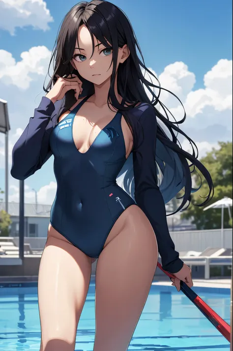 ((highest quality, 8k, super detailed, masterpiece: 1.3)), 1 female, shiny skin, sharp, perfect body beauty, Perfect body with realistic shading, ("school swimwear, dark blue, transparent_pussy":1.2),big_chest ,(dynamic pose:1.1), thigh , very cute , Pools...