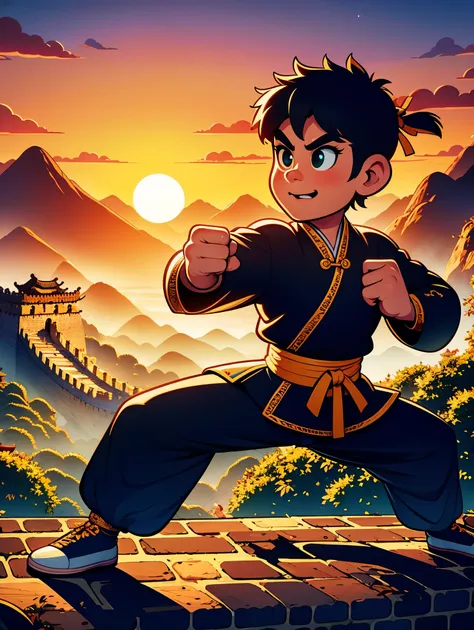 cute cartoon，中国martial arts，vector illustration，1 boy，oriental dragon，great wall，martial arts，在一座古老的great wall城上的壁画训练，the backgr...