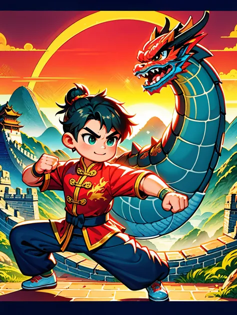 cute cartoon，中国martial arts，Vector illustration，1 boy，Oriental Dragon，Great Wall，martial arts，在一座古老的Great Wall城上的壁画训练，The background is the sunset，Heroic and heroic，Fists clenched，When preparing to attack，His clothes are full of energy，Decorated with drago...