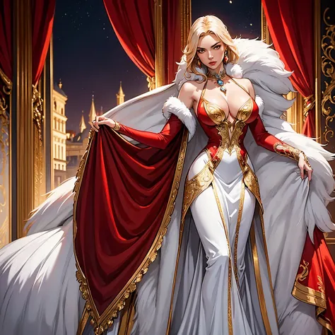 Extremely powerful strong and well endowed twenty years blonde single woman, very sophisticated noble queen empress dress costume, (fantasy extravagant opulent multi-layered white fur and red silk dress:1.8), royal opulent parade gown, full of luxury, full...