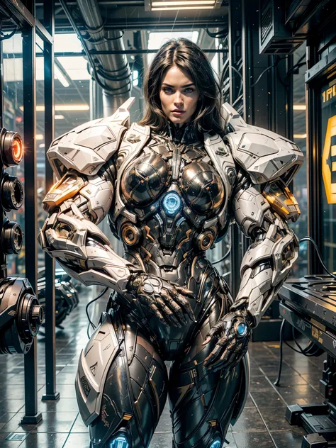 Cinematic, hyper-detailed, and insanely detailed, this artwork captures the essence of megan fox with breathtaking beauty. The color grading is beautifully done, enhancing the overall cinematic feel. Unreal Engine brings her anatomic cybernetic muscle suit...