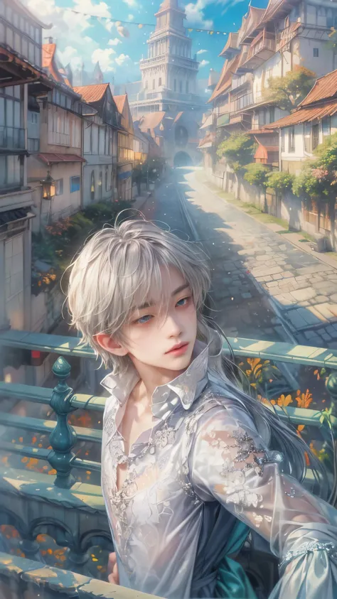 (absurdres, highres, ultra detailed, HDR), masterpiece, intricate, best quality, portrait of a character from Ikemen Shoujo Manga, anime eyes, a male idol in a detailed scenery town background , kpop idol