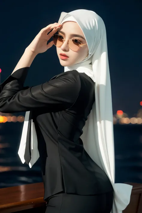 (masterpiece:1.2, best quality), 8k,Sharp focus, 1 cool adult woman in hijab posing infront on a yatch, long and waving hijab, windy, Wearing sunglasses, Wearing a black suit with a white shirt and tie,Dynamic pose, Night city background with beautiful lig...