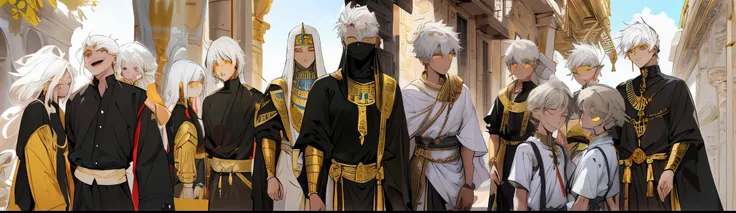 en el fondo se ven edificios templos y piramides del antiguo egipto atras de los villanos de ojos amarillos y cabello color blanco personajes de anime vestidos de negro y dorado parados frente a un edificio, in dark robes with gold details, ropa egipcia, g...