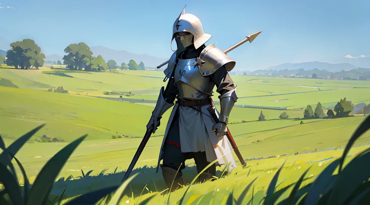 crusader soldier in the middle of green grass field with blue sky