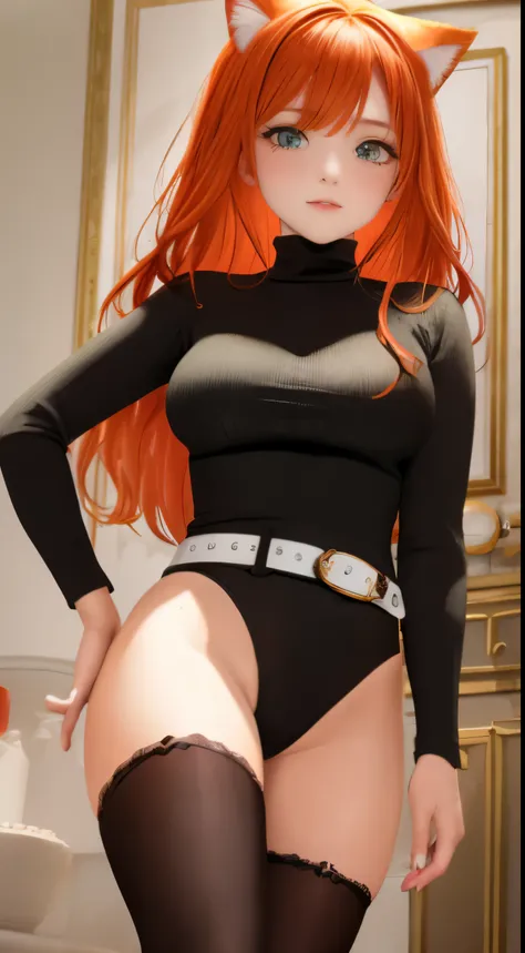 mother, Masterpiece, Best quality, ultra detailed, Beautiful lighting, 1 girl, Orange hair, cat ear, Green eyes, freckles, turtleneck top, I&#39;m looking at the viewer, detailed black stockings with belt, juicy ass
