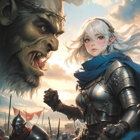 path an medium white haired elf female knight, detailed face, blue eyes, medium breast, against giants ogre, A warrior hailing from a distant land far from the comforts of civilization, cinematic dynamic Angle, Hayao Miyazaki, Mikimoto Haruhiko, frank fraz...