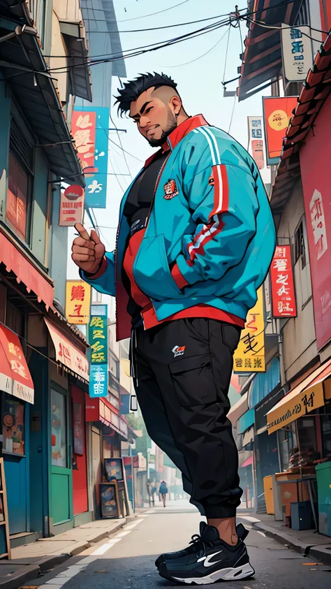 Manga style, Malay chubby man posing downtown: bracket, malay casual,Street fashion,pop color,rich colors,Cast colorful spells,Manga manuscript style,Frame splitting, macho, nice,be familiar with，comic strip,cyber punk,draw with thick lines,pop art,dynamic...