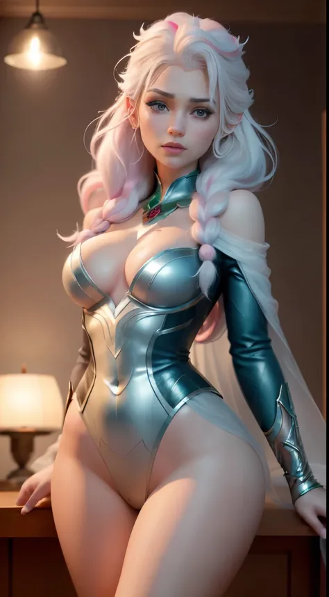 Elfgirl (Komi-san-Elsa frozen Disney  mezclando modelos .) (ultra FUSION of white and pink hair) Highly detailed CG unity 8k wallpaper, style shot, complex, high detail, dramatic, highest quality movie still image, very detailed, masterpiece, best quality,...