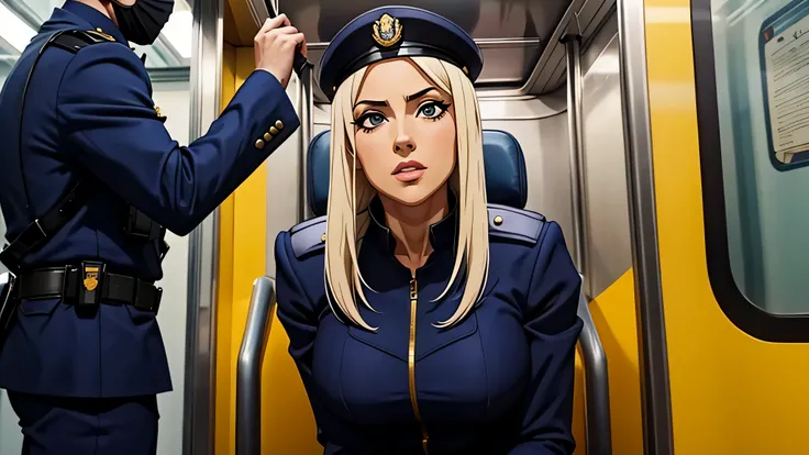 garota de anime, cabelos pretos, roupa policial, trem, Subway, garotos ao fundo da imagem
