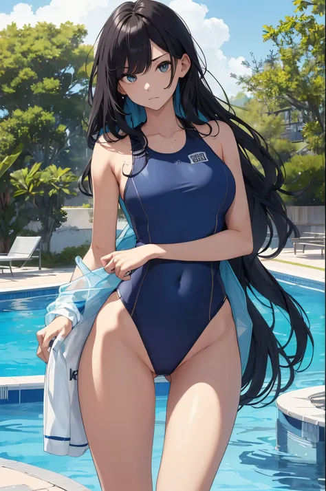 ((highest quality, 8k, super detailed, masterpiece: 1.3)), 1 female, shiny skin, sharp, perfect body beauty, Perfect body with realistic shading, ("school swimwear, dark blue, transparent_pussy":1.2),big_chest ,(dynamic pose:1.1), thigh , very cute , Pools...