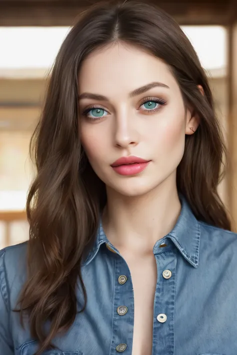 A 30-year-old brunette woman with captivating green eyes adorns the frame, wearing a realistic denim shirt. Her lips are painted with a bold shade of lipstick, adding allure to her features. The natural light illuminates her face, highlighting the texture ...