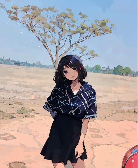 (best quality:0.8) perfect anime illustration, a pretty, happy woman with short curly brown hair on the street in the city, wearing a hoodie, skirt