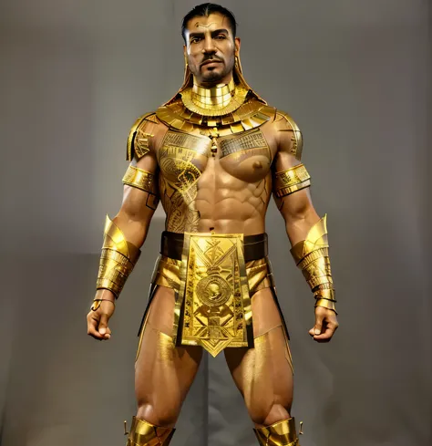 ((masterpiece, best quality)),egyptian man with a tattoo on his chest, realistic face, realistic body, wrestler, gold metal neck covering gold meta forearm bracelets and gold metal boots, mummy wrapping on body, loincloth, the egyptian god, pharaoh clothes...