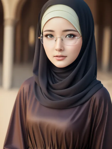 1girl, solo, beautiful face, high detailed realistic eyes, double eyelids, high detailed realistic pupils, (upon body from head to waist:1.36), (wearing hijab:1.37), (moslem headscarf:1.37), reading glasses, sitting alone on a long chair, amazing mosque pa...