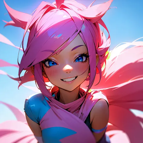 Make 3d wallpaper where a cute, beutiful pink hair girl is smiling with his teeth out and the background of a blue sky with grassfield