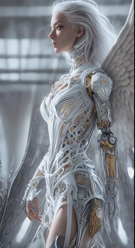 Close-up of a woman in a white dress with wings, full body angel, futuristic robot angel, amazing angel wings, angel knight gothic girl, angel in plastic armor, intricate costume designs, As a mysterious Valkyrie, The whole body is made of white feathers,,...