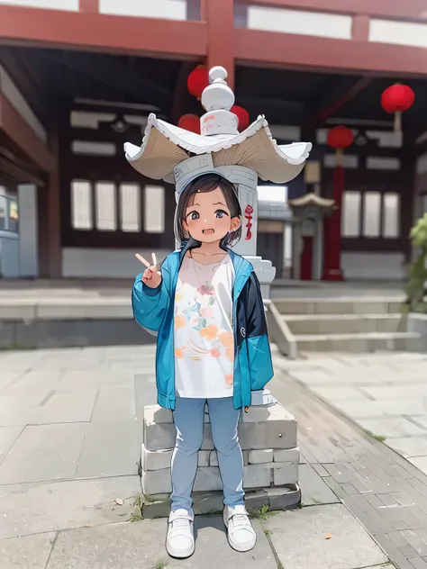 There is a person standing in front of the building, There is a Chinese temple, 在一座In front of the temple, Chinese girl,, In front of the temple, 3 years, in an ancient city,  child