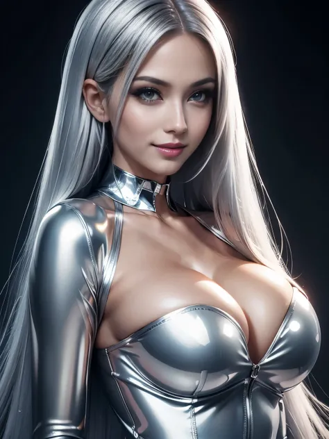 beautiful woman in ultra shiny silver clothes, makeup, (glossy lips: 1.4), hy-res, 8k, cinematic light, skinny, large breasts, straight silver hair, detailed face, smile, photo taken from a distance, neon lights on hair,