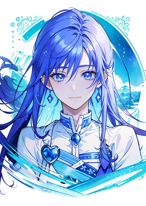 close-up of anime boy in white and blue dress, heavenly aura, official art, boy with very long purple hair,  cure,  he has light...