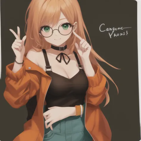 orange and white hair、one girl、round glasses、Lifting the glasses with the index finger of the left hand、smug face、Holding the left elbow with the right hand、green overalls、Orange jacket、Showing shoulders、black camisole、Neck belt、camisole with ruffles、