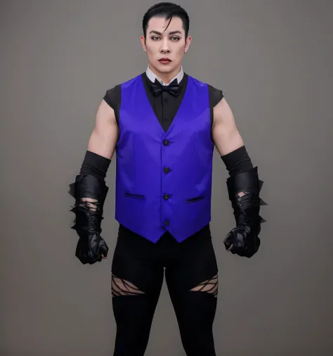((masterpiece, best quality))asian man black short hair pointed white ears with white face makeup with blood running down mouth like a vampire, wearing a black cloth shirt with silky purple vest an a white bowtie, wearing black gloves arm bracelets and elb...