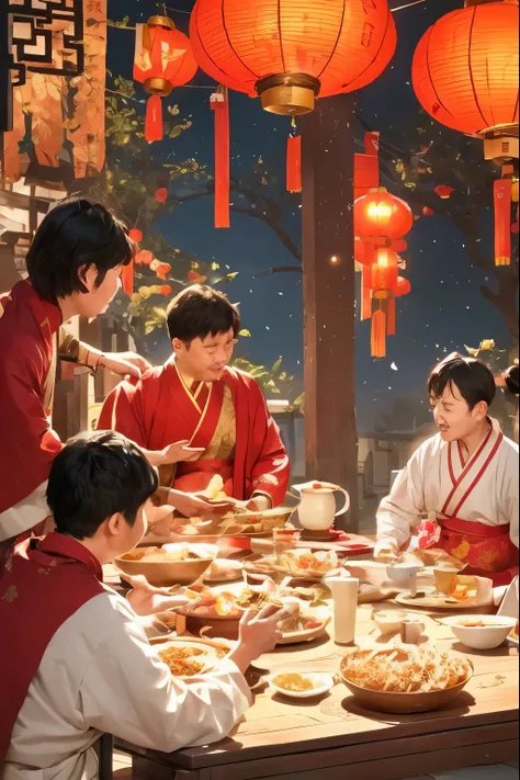 China eating at the table，The background is a lantern, by Ni Yuanlu, Chinese style, by Qu Leilei, author：Yang Jie, Traditional arts, author： Tanimae, Celebrating Chinese New Year in Shanghai, traditional Chinese, dinner, Chinese heritage, inspired by Fengh...