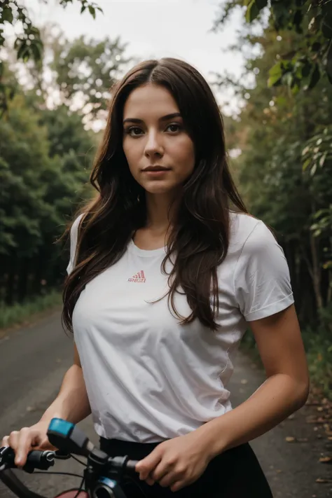 A portrait of a Burnette woman rising a bicycle 