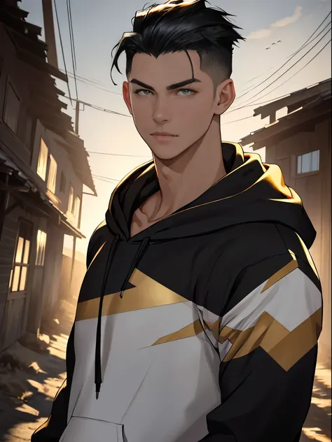 masterpiece, 1boy, young, handsome, black hair, undercut hair, perfect face, detailed eyes and face, gold eyes, hoody, clean shaved, muscular, capturing a rural atmosphere, dynamic lighting