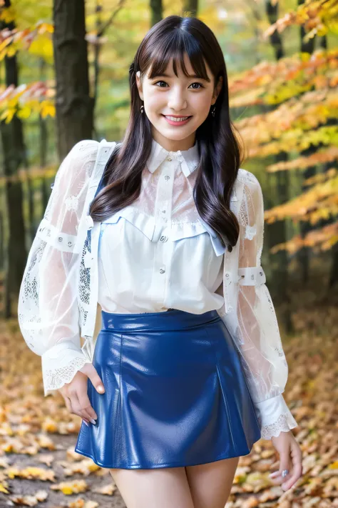 Japanese beautiful lady, happy face, (see-through white lace blouse), (blue leather jacket:1.2), (blue leather mini skirt:1.2), blue leather boots, autumn forest.