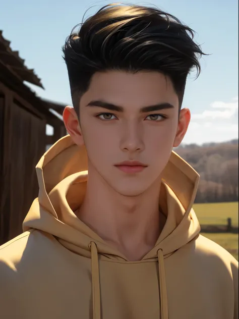 masterpiece, 1boy, young, handsome, black hair, undercut hair, perfect face, detailed eyes and face, gold eyes, hoody, clean shaved, muscular, capturing a rural atmosphere, dynamic lighting