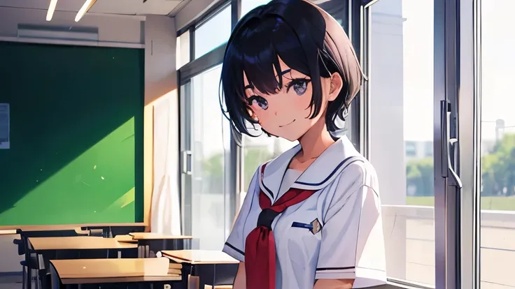 17 years old、high school girl、hair is black、shortcut、full of energy、tanned skin、very smiling、Sarah uniform、summer clothes、classroom。serious face