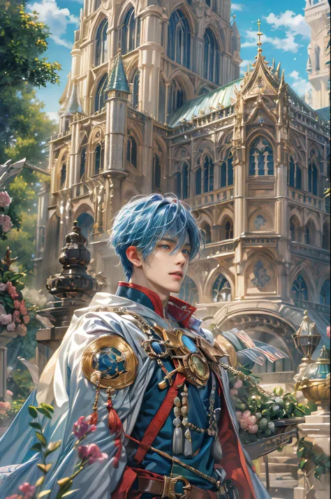 (absurdres, highres, ultra detailed, HDR), masterpiece, Intricate details,best quality picture of a character from Star Ocean, handsome korean teen boy with short Hair anime eyes, intricate details on face, Hero Outfit showing Chest with cape in vivid colo...