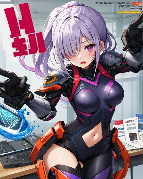 ,1girl,(teen:1.5), (short_ponytail:1.3), (light_whitish_purple_hair:1.3),black_mechanical_armor_parts,white_breasts_parts_red_black_body_suit,bare_shoulder,bare_slender_thighs,medium_breasts,on_the_desk, desk_background,Stinging_eyes,sleepy,thighhigh_greav...