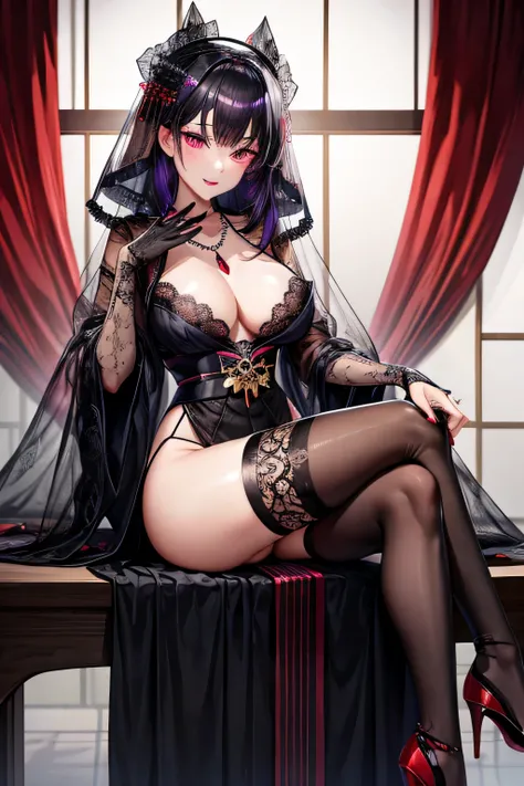 See-through,black face veil , Black nylon , silk stockings ,purple eyes，red lipstick，See-throughの袴、transparent black kimono　,sheer lingerie,enamel high heels,pearl necklace,,straight,lace long gloves, shortcut,　hair ornaments,　Japanese style room　，crossed ...