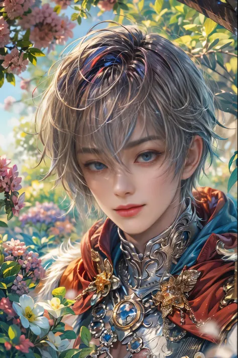 (absurdres, highres, ultra detailed, HDR), masterpiece, Intricate details,best quality picture of a character from Star Ocean, handsome teen boy with short Hair anime eyes, intricate details on face, Hero Outfit showing Chest with cape in vivid color, deta...