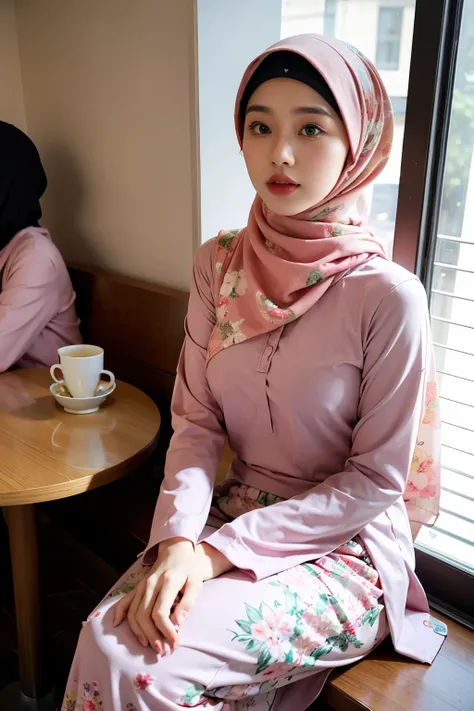 A photo of a young, nerdy malay woman in hijab sitting in a starbuck cafe with 1 malay men in office suit standing behind, woman wearing pastel floral pattern baju kurung, surrounded by a cozy atmosphere, cool ambient, looking at the viewer. (Detail skin:1...