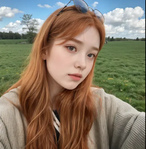 arafed woman with sunglasses on her head in a field, sadie sink, ellie bamber fairy, ellie bamber, soft red hair, with pale skin, jodie bateman, redhead girl, flowing ginger hair, a redheaded young woman, cute young redhead girl, natural soft pale skin, le...