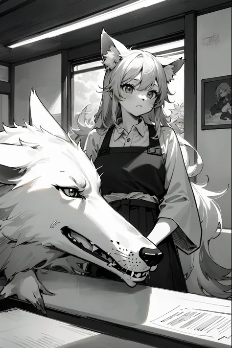 top quality, best quality, highres, unparalleled masterpiece, perfect artwork, paid reward available, indoor, couple of comics(super cute 1girl, 1wolf, kemono, furry anthro)tumblr, sosaku hanga, black and white manga page, manga page, doujin, ddlc, anime, ...