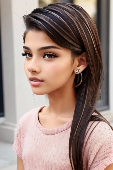 beautiful girl, brown_eyes, ((beautiful slim teenage girl 18 year old, hair color [Brown highlights hair], [undercut pixie] hair)), earrings, lips, realistic, narrow waist, charming, pink lipstick, colorful makeup, long eyelashes, earrings, wearing eyeline...