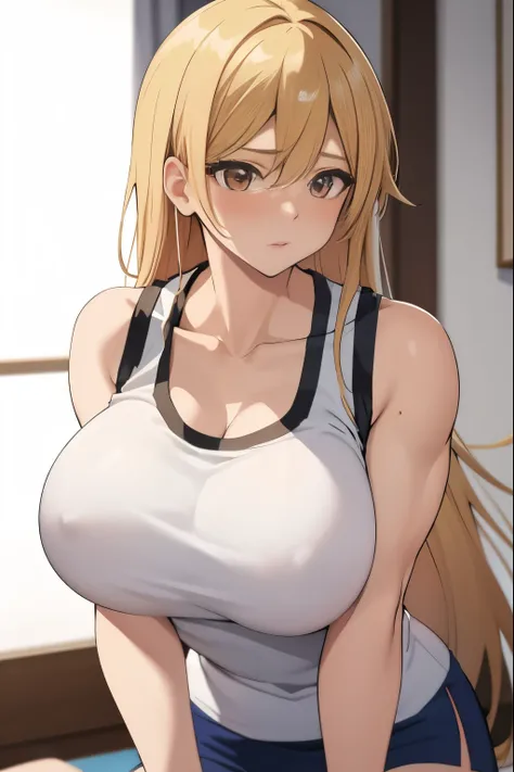 Close-up of a woman with long blonde hair, brown eyed woman, classic women, big breasts, had very large breasts, Made at Anime Painter Studio, Tits, clothing:white tank top, women romance, anime style, muscular woman, skin tight tank top, feminine and musc...