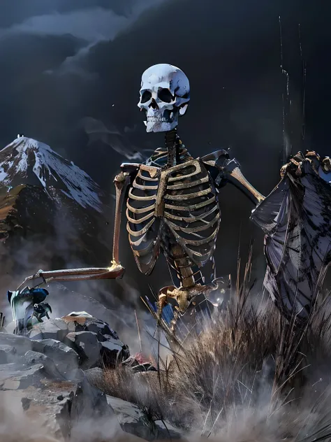 tem um Esqueleto parado no meio de um campo, Esqueleto corpse, Esqueleto climbing, Esqueleto altamente detalhado, Esqueleto, chained Esqueleto, esqueleto, volcanic skeleton, Esqueleto detalhado texturizado, a Esqueleto smoking a cigar, the other a skeletal...