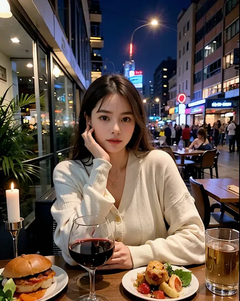 woman sitting at table，a glass of wine and a plate of food in hand, gorgeous lady, stunning woman, summer evening, lovely woman,...