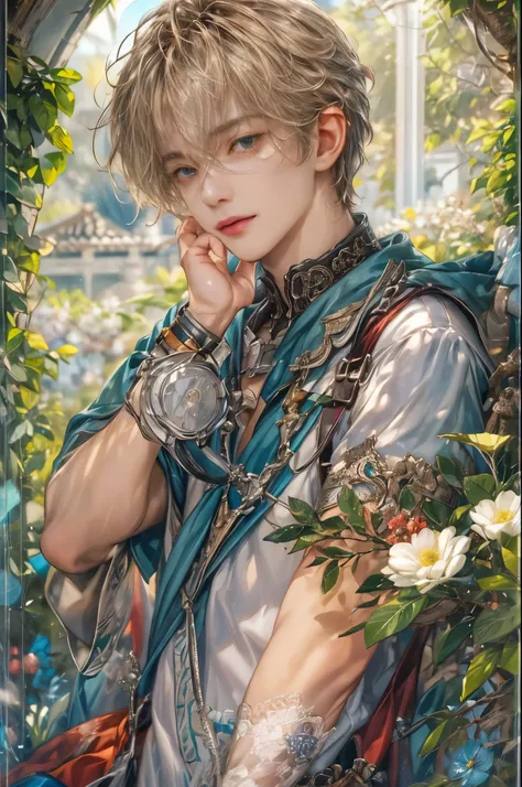 (absurdres, highres, ultra detailed, HDR), masterpiece, Intricate details,best quality picture of a character from Star Ocean, handsome teen boy with short Hair anime eyes, intricate details on face, in a detailed outside garden sanctuary scenery, detailed...